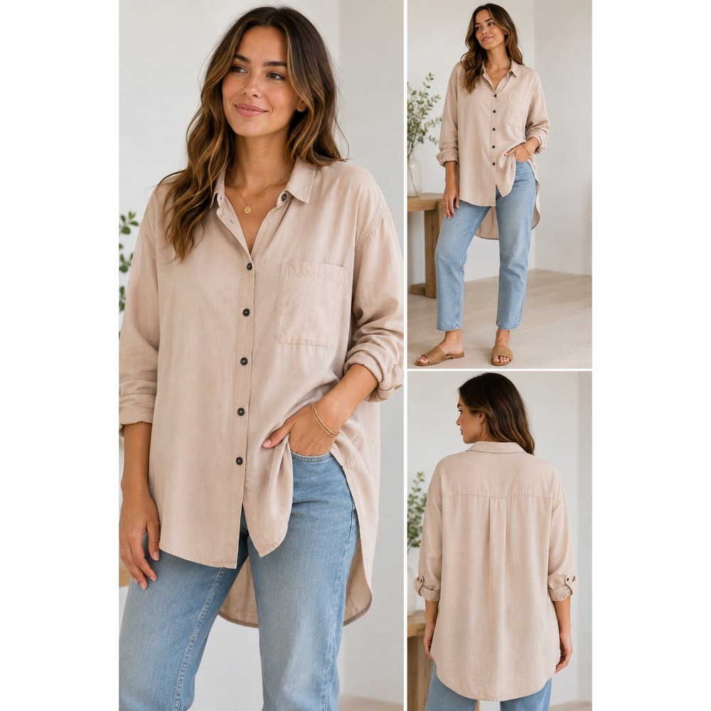 Dress Forum Button Down Size M Tan Tencel Linen Oversized Tunic Shirt Beigh